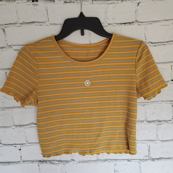 SHEIN Yellow Striped Daisy Embroidered Cropped Tshirt Size Medium - Picture 3 of 11